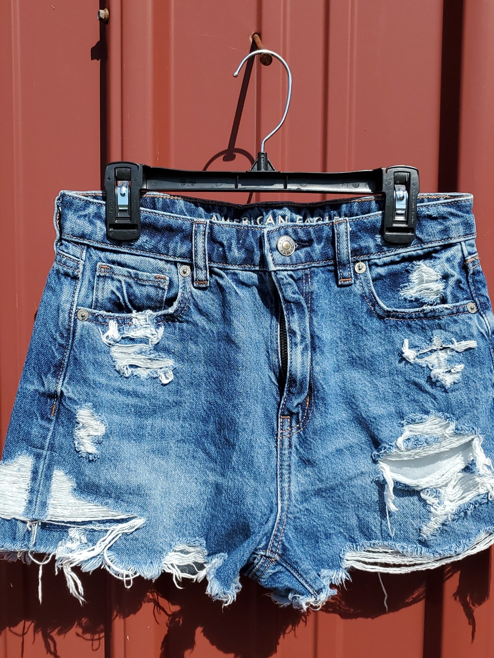 American Eagle Outfitters Ripped High-Rise Blue Denim Mom Shorts